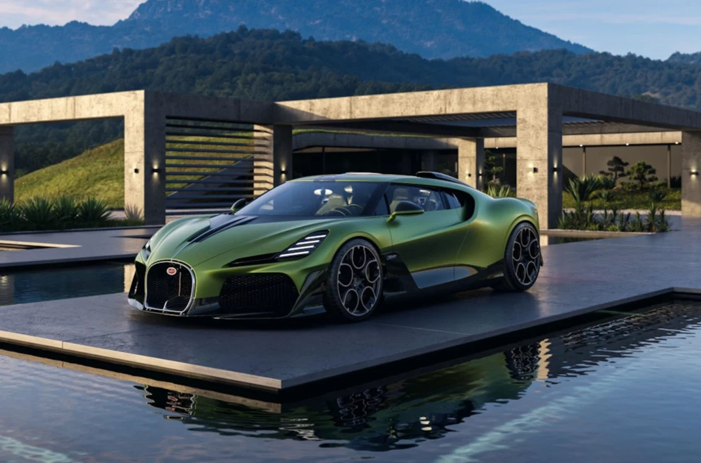 Wyjątkowy projekt Bugatti zaprezentowany na Monterey Car Week. Luksusowy, sportowy samochód w zielonym kolorze stoi zaparkowany na betonowej platformie otoczonej wodą, w tle nowoczesna architektura z widokiem na góry i zieleń.