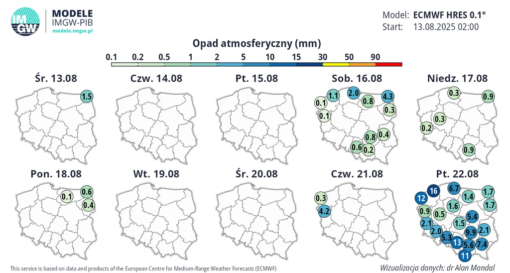 W najbliższym czasie pogoda będzie przeważnie spokojna i sucha. Pod koniec przyszłego tygodnia może nastąpić wyraźne załamanie Prognoza opadów atmosferycznych dla Polski od 13 do 22 sierpnia 2025 roku, przedstawiająca mapy z ilością opadów w mm w poszczególnych regionach na wybrane dni, z najsilniejszymi opadami prognozowanymi na południowym wschodzie kraju 22 sierpnia.