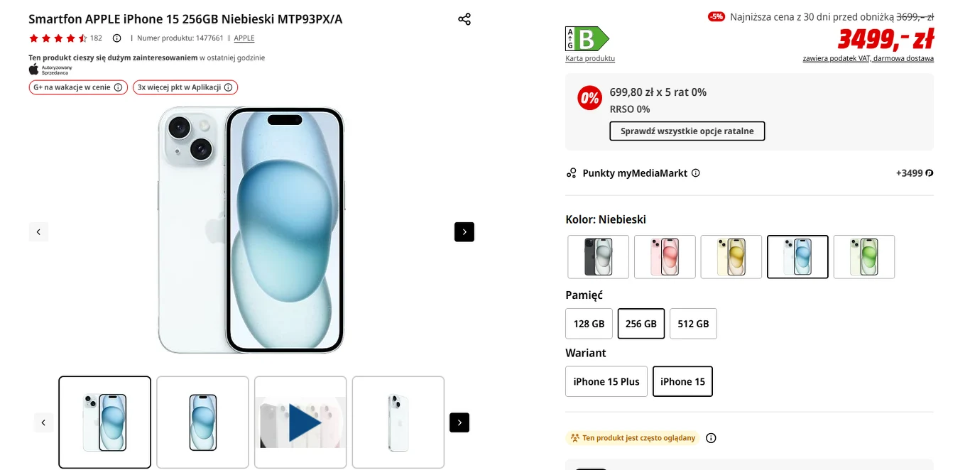 Media Markt - iPhone 15 w wersji 256 GB