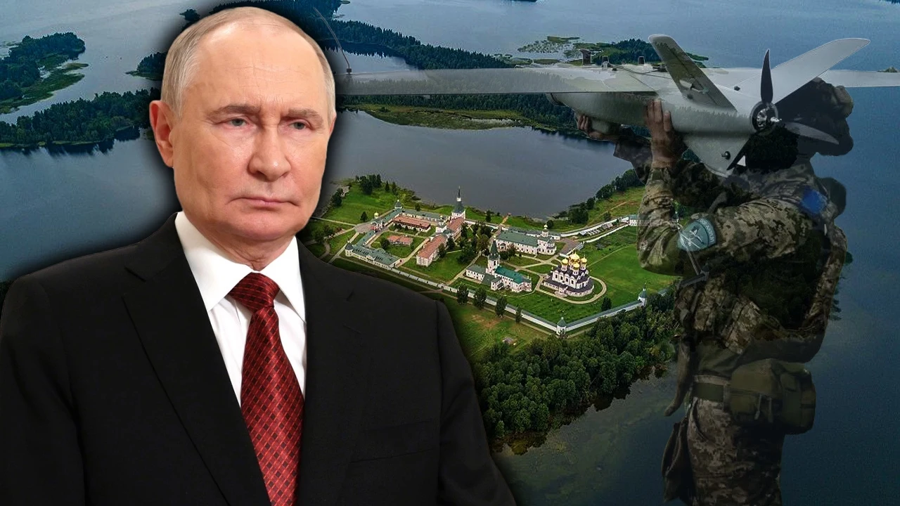Wyjątkowa ochrona rezydencji Putina Portret mężczyzny w garniturze zestawiony z postacią żołnierza trzymającego drona na tle klasztoru położonego na wyspie, otoczonego wodą i zielenią.