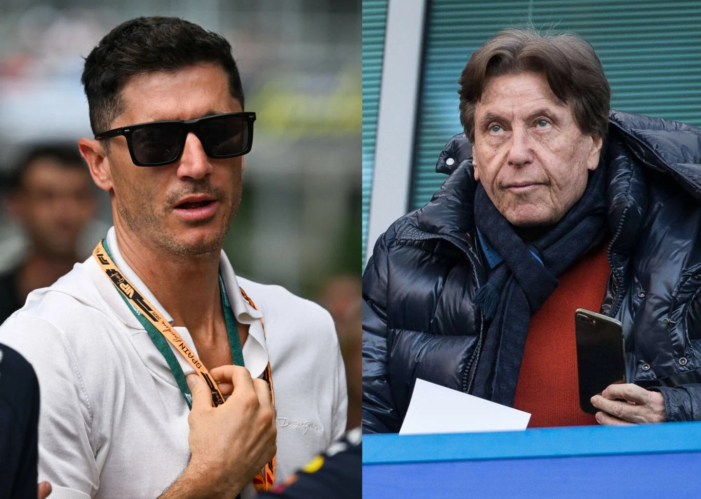 Po lewej stronie mężczyzna w ciemnych okularach przeciwsłonecznych oraz białej koszuli, z identyfikatorem na szyi, stoi na zewnątrz, natomiast po prawej starszy mężczyzna w granatowej kurtce z telefonem komórkowym oraz kartką papieru w ręce, siedzi w z...