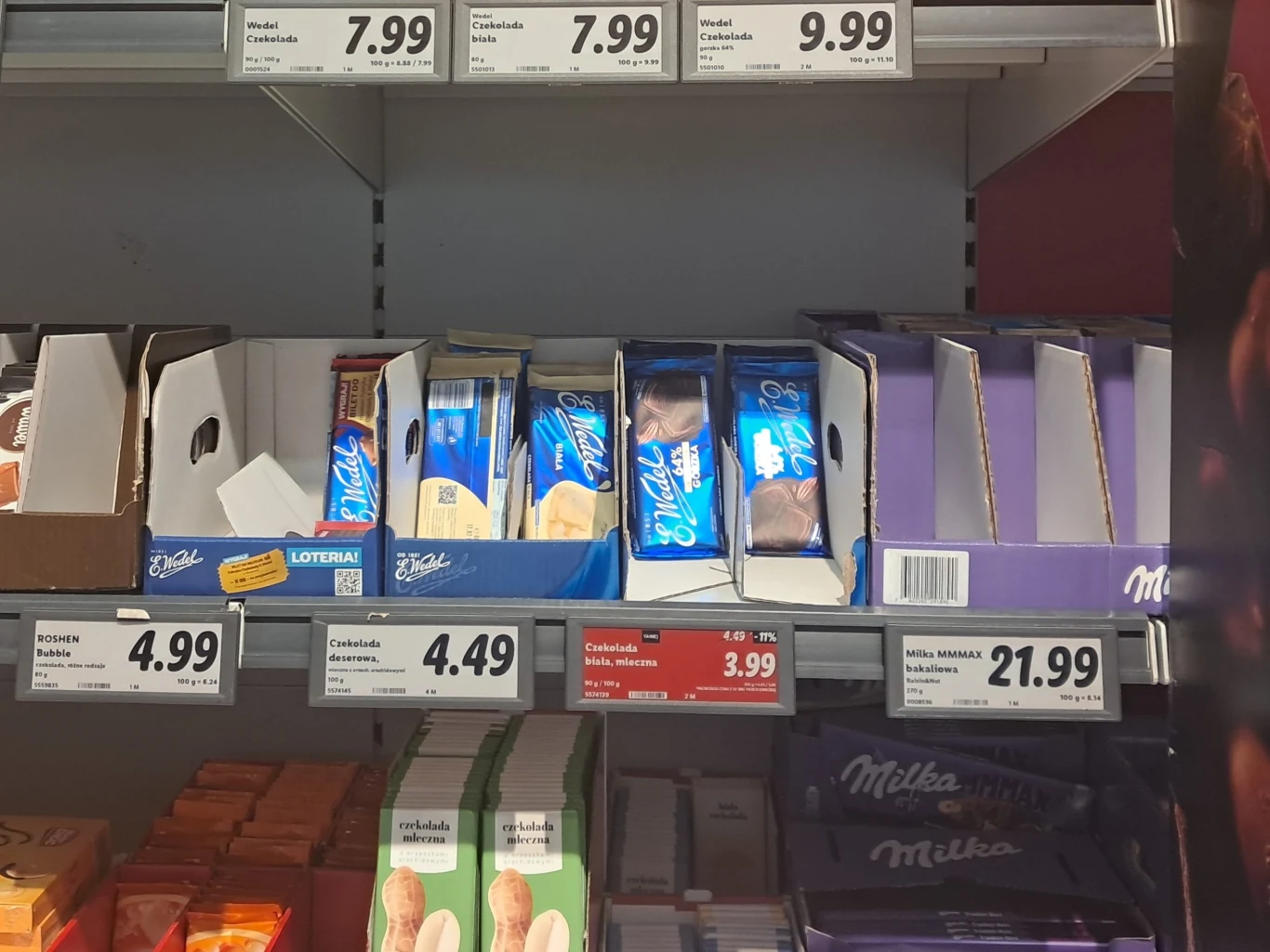 Ceny wyrobów marek Wedel i Milka w Lidlu. 
