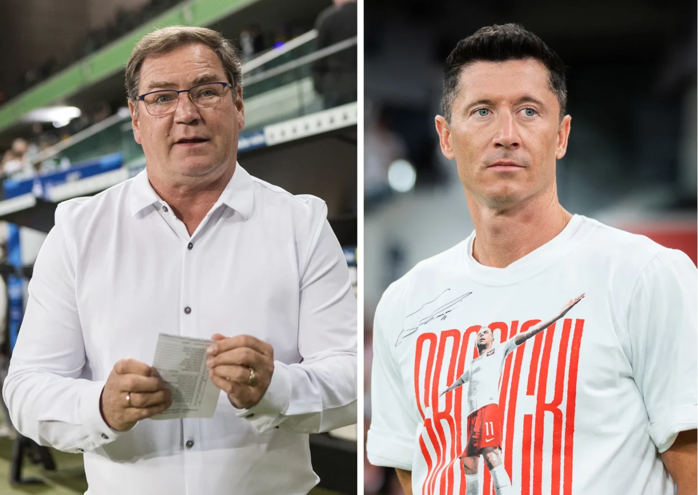 Po lewej stronie starszy mężczyzna w okularach i białej koszuli trzymający kartkę, w tle stadion piłkarski. Po prawej młodszy mężczyzna w białej koszulce z nadrukiem i podpisem, z poważnym wyrazem twarzy, rozmyte tło stadionowe.