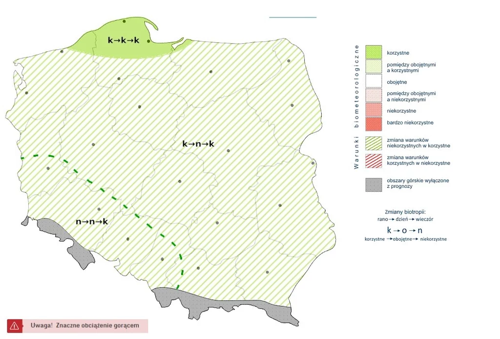Mapa Polski z wyznaczonymi strefami wpływów biometeorologicznych, oznakowana różnymi kolorami przedstawiającymi stopień korzystności warunków biometeorologicznych i z zaznaczonym ostrzeżeniem o znacznym obciążeniu gorącem.