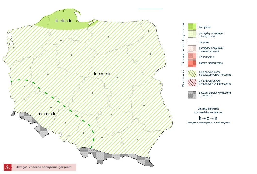 Mapa Polski z wyznaczonymi strefami wpływów biometeorologicznych, oznakowana różnymi kolorami przedstawiającymi stopień korzystności warunków biometeorologicznych i z zaznaczonym ostrzeżeniem o znacznym obciążeniu gorącem.