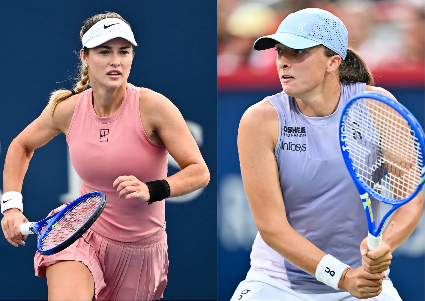 Anna Kalinska (L) i Iga Świątek (P) Dwie kobiety podczas meczu tenisowego na korcie, obie w sportowych strojach, z rakietami w dłoniach, skupione na grze, dynamiczny moment rywalizacji.