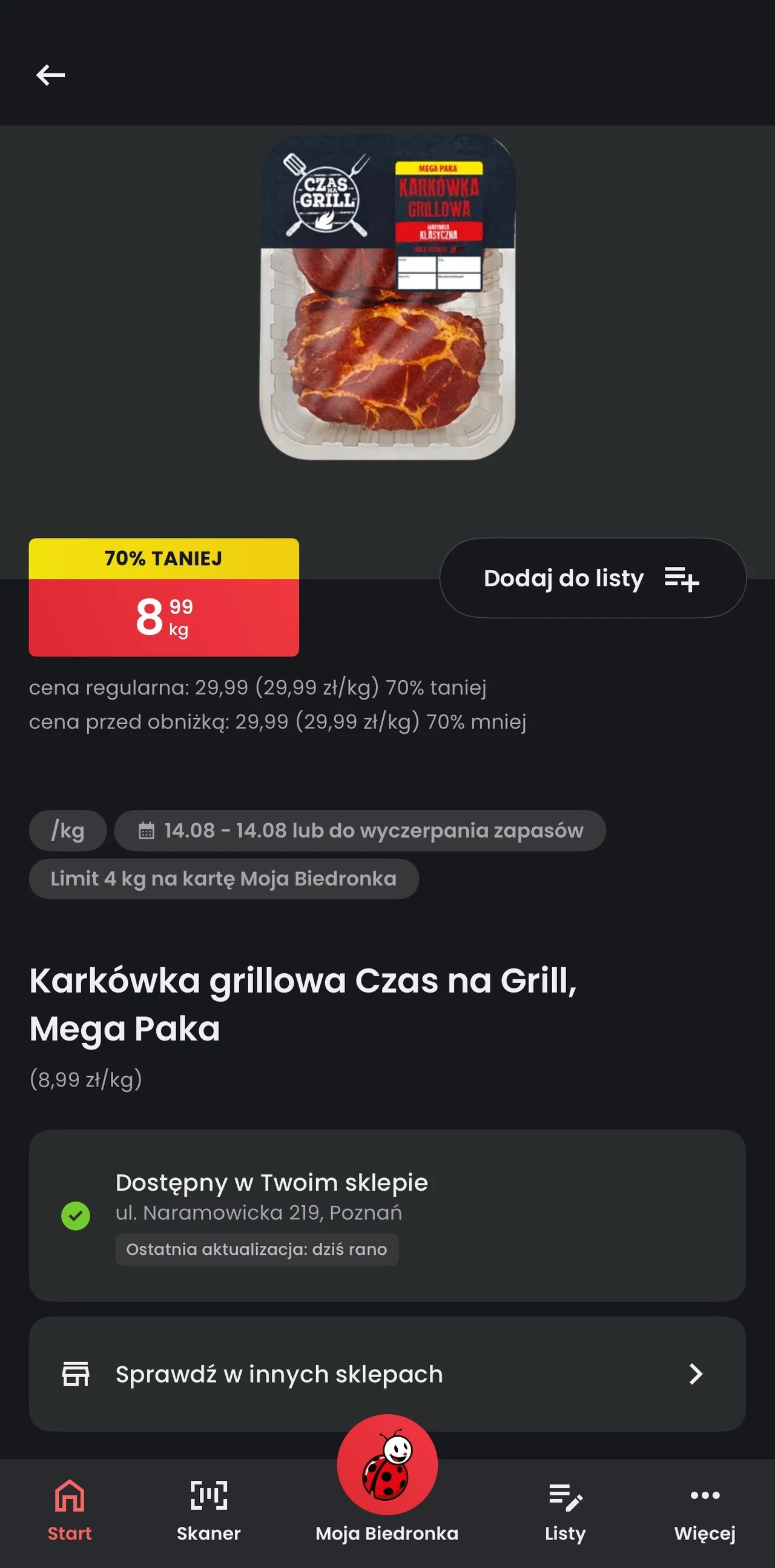 Zrzut ekranu z aplikacji Biedronka, na którym widzimy nie towar z cenę, ale i miejsce jego dostępności.