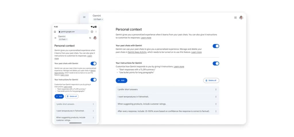 Widok ustawień personalizacji na ekranie komputera oraz smartfona, graficznie przedstawione opcje włączania i wyłączania personalizacji, lista preferencji oraz wskazówki dotyczące korzystania z funkcji GenAI.