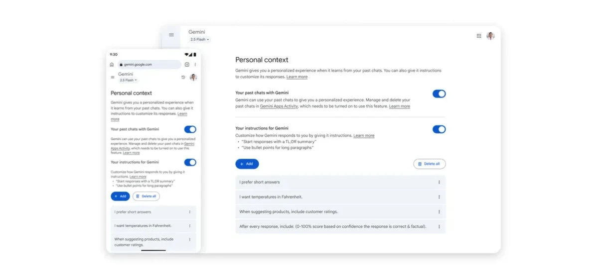 Widok ustawień personalizacji na ekranie komputera oraz smartfona, graficznie przedstawione opcje włączania i wyłączania personalizacji, lista preferencji oraz wskazówki dotyczące korzystania z funkcji GenAI.