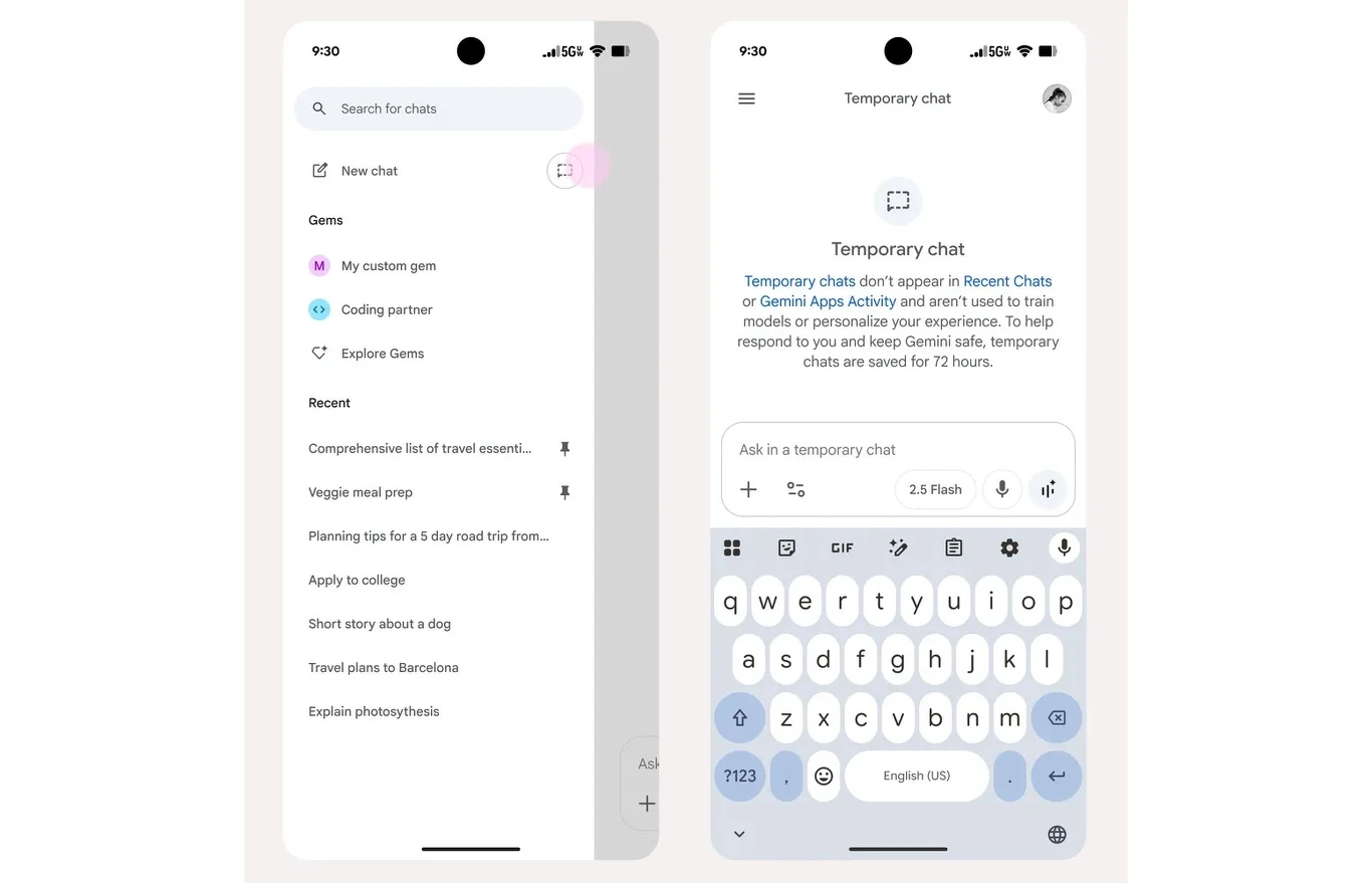 Dwa zrzuty ekranu z aplikacji mobilnej prezentujące ekran wyszukiwania czatów i tymczasowego czatu, na których widoczna jest klawiatura oraz lista ostatnich konwersacji i funkcji związanych z czatami i Gemami.