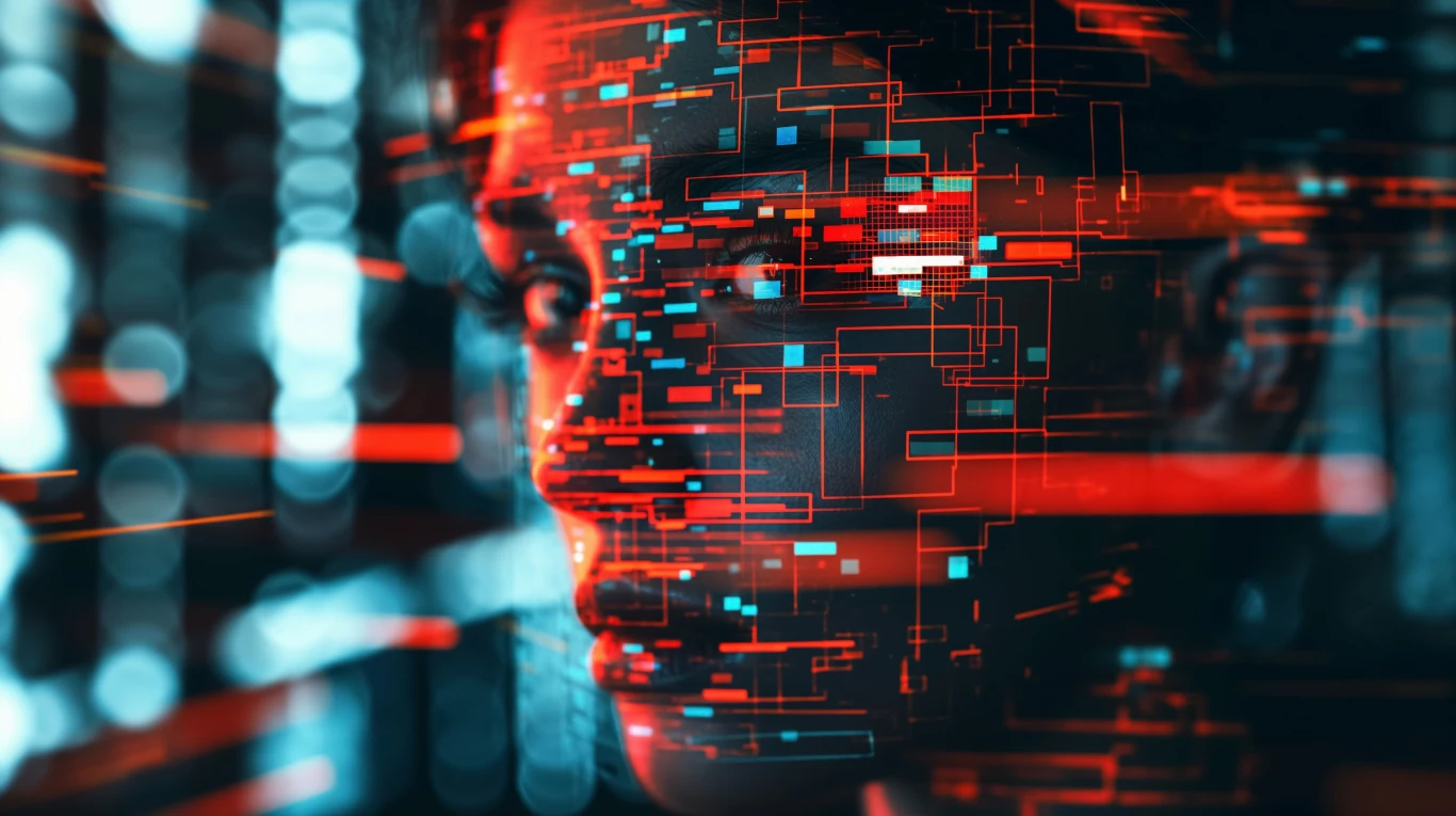 Rozwiązywanie nawet najprostszych problemów z pomocą AI oraz zastępowanie relacji międzyludzkich kontaktem z czatbotami ma swoją cenę, alarmują naukowcy. Grafika w odcieniach czerwieni i niebieskiego pokazuje wirtualną postać. Artystyczna wizja AI - kobieta zerka na czytelnika.