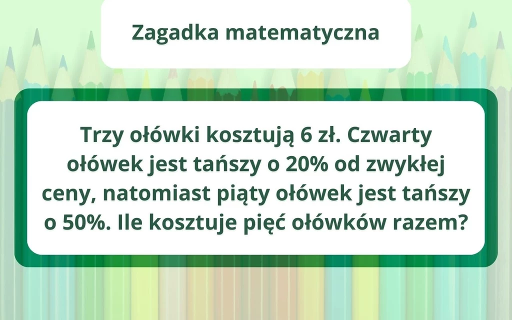 Grafika z napisem zawierającym zagadkę matematyczną dotyczącą ceny ołówków, na tle wzoru z kolorowymi ołówkami.