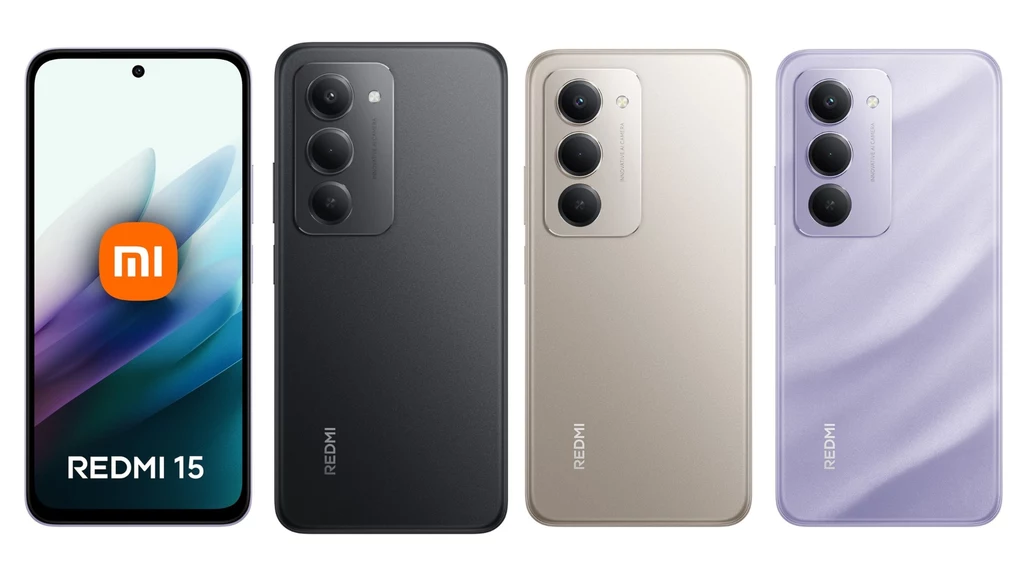 Cztery smartfony Redmi 15 ustawione obok siebie, widok z przodu na ekran urządzenia po lewej stronie oraz widok z tyłu na trzy kolejne modele w różnych kolorach: czarnym, złotym i fioletowym.