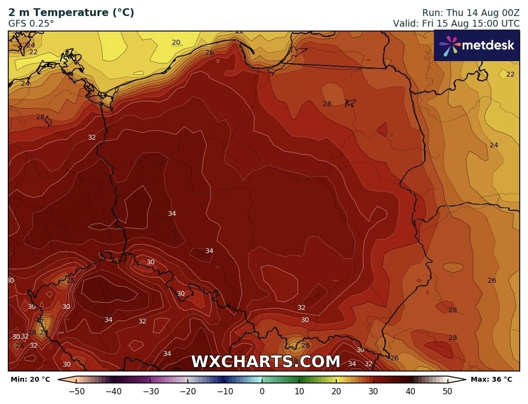 Mapa prezentuje prognozowane temperatury powietrza dla Polski i części krajów sąsiednich na poziomie 2 metrów nad ziemią, z zaznaczonymi wartościami od 28°C do 36°C oraz wyraźnym obszarem bardzo wysokich temperatur obejmującym centralną i południową cz...