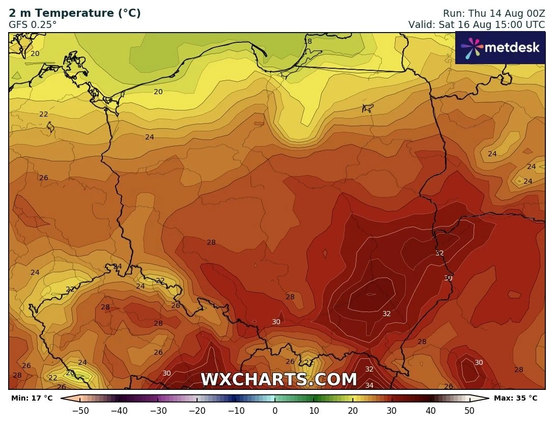 Mapa temperatur w Polsce pokazująca prognozowane wartości temperatury powietrza na wysokości 2 metrów powyżej gruntu, z najwyższymi temperaturami sięgającymi do 35°C na południowym wschodzie i stopniowym spadkiem w kierunku północno-zachodnim.