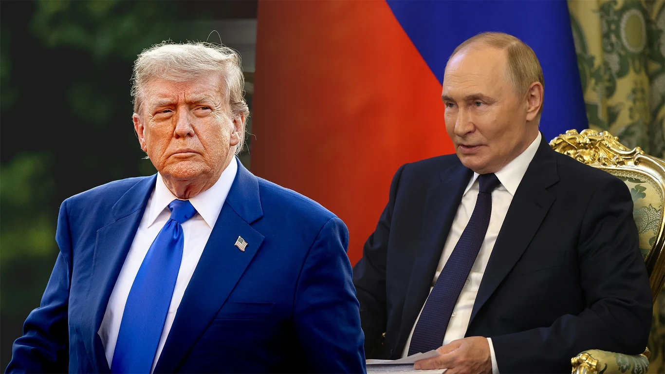 Donald Trump i Władimir Putin Dwóch mężczyzn w garniturach, jeden stoi, drugi siedzi na zdobionym fotelu, w tle widoczne flagi narodowe, atmosfera oficjalnego spotkania.