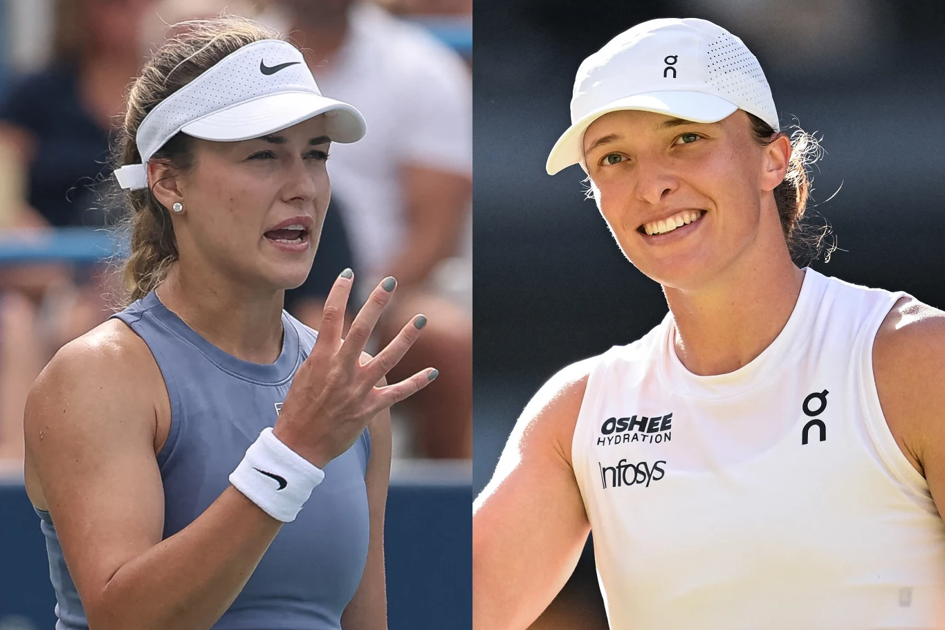 Anna Kalinska i Iga Świątek powalczą o awans do półfinału WTA 1000 w Cincinnati Dwie kobiety w sportowych strojach na korcie tenisowym, obie ubrane w czapki z daszkiem i koszulki bez rękawów, po lewej stronie kobieta gestykuluje dłonią, po prawej uśmiechnięta kobieta patrzy w kierunku kamery.