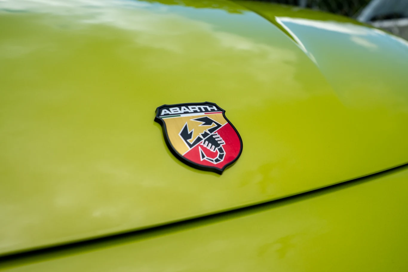 Logo marki Abarth umieszczone centralnie na jasnozielonej masce samochodu.