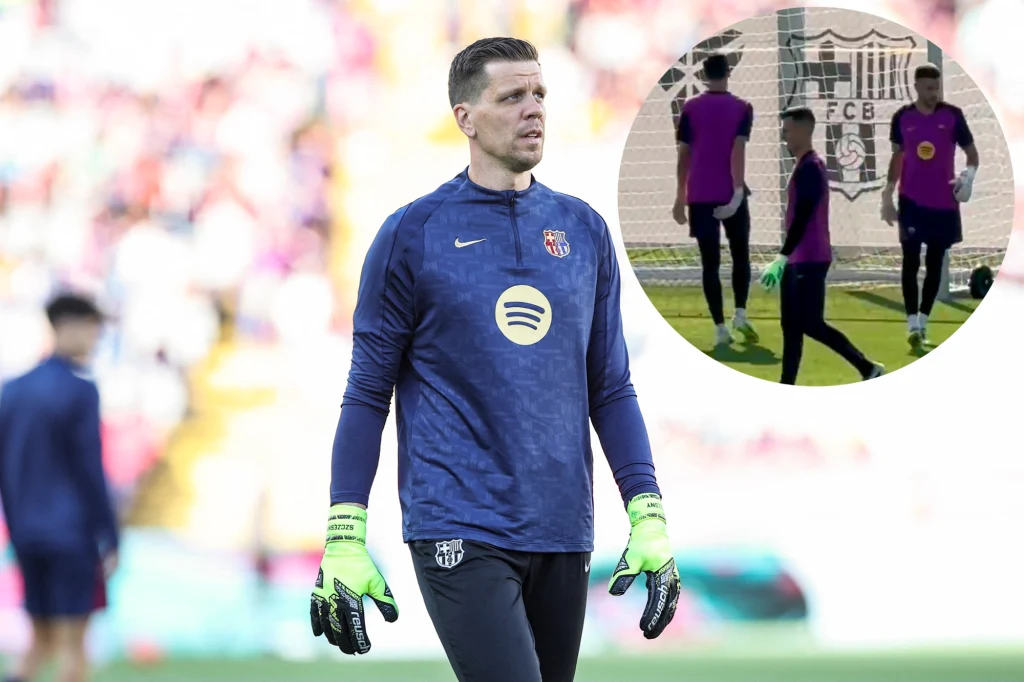 Sytuacja bramkarzy FC Barcelona jest klarowna. Wojciech Szczęsny akceptuje swoją starą-nową rolę zmiennika, a atmosfera między golkiperami "Barcy" pozostaje więcej niż dobra Piłkarz w stroju bramkarskim z rękawicami, na tle boiska piłkarskiego w czasie meczu lub treningu, w prawym górnym rogu widoczne powiększone ujęcie fragmentu treningu z logo klubu piłkarskiego w tle.