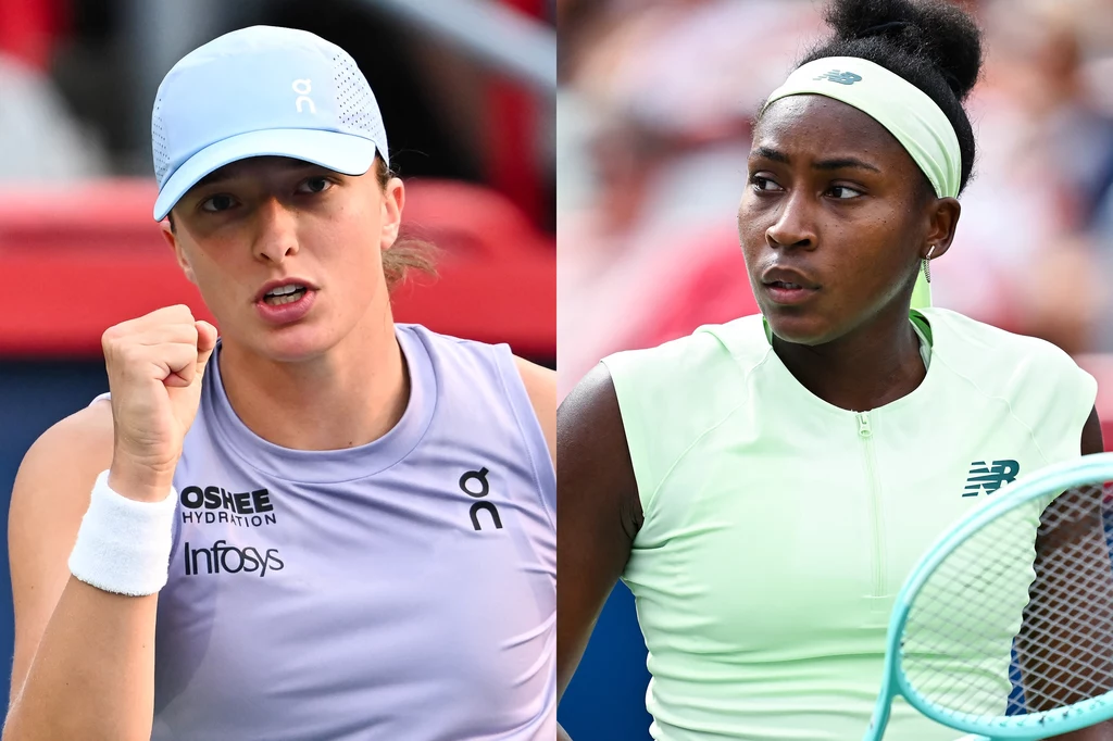 Iga Świątek i Coco Gauff: jedna z nich może wyprzedzić po US Open Arynę Sabalenkę Dwie tenisistki w dynamicznej pozie, po lewej zawodniczka w jasnofioletowym stroju i czapce zaciśniętą pięścią, po prawej zawodniczka w jasnozielonym stroju z opaską na głowie trzymająca rakietę tenisową.