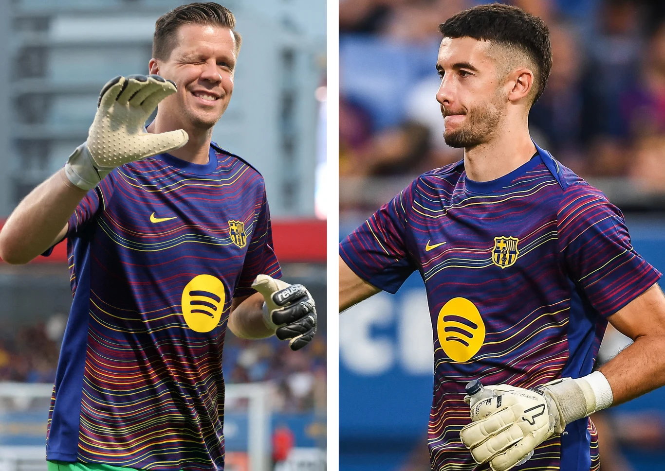 Wojciech Szczęsny i Joan Garcia, czyli drugi i pierwszy bramkarz FC Barcelona Dwóch mężczyzn w sportowych koszulkach z rękawicami bramkarskimi, stojących na stadionie podczas treningu lub rozgrzewki