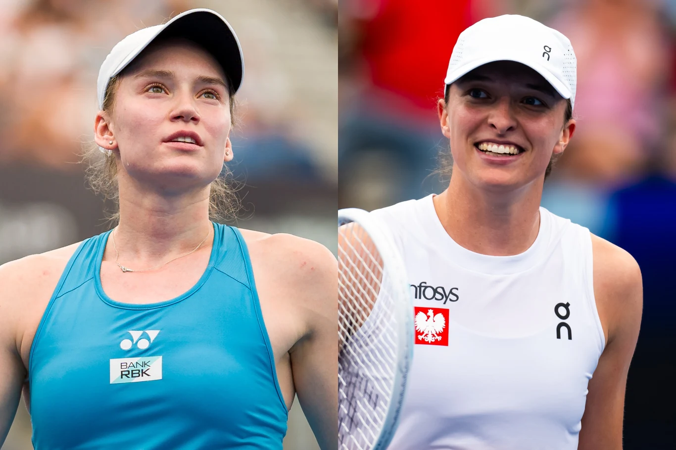 Jelena Rybakina i Iga Świątek rywalizowały ze sobą w półfinale United Cup 2025 Dwie tenisistki w sportowych strojach i czapkach z daszkiem na tle rozmytego stadionu, każda patrzy w inną stronę i uśmiecha się po meczu.