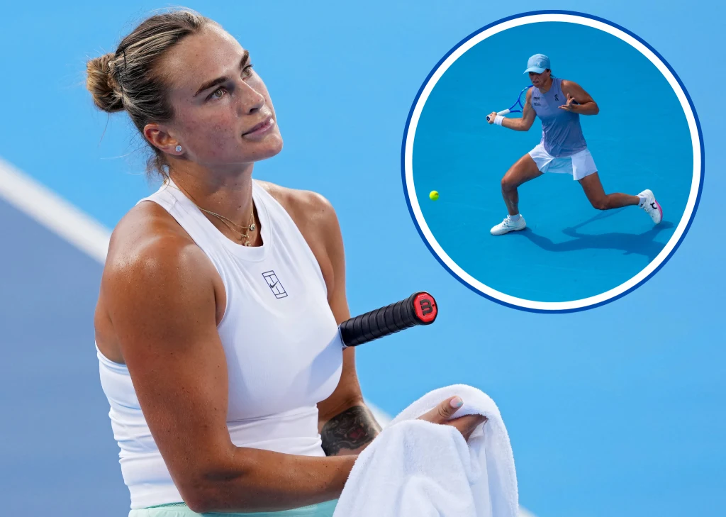 Zbliżenie tenisistki trzymającej rakietę i ręcznik, z wyraźnym wyrazem skupienia; w okrągłej ramce widoczna scena gry podczas meczu tenisowego na niebieskim korcie, gdzie zawodniczka wykonuje dynamiczny ruch po piłkę.