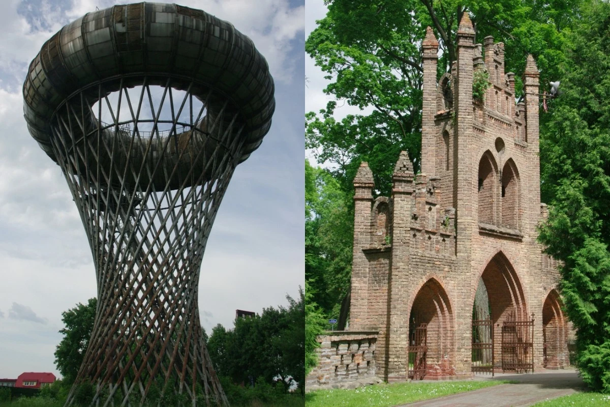 Po lewej stronie zdjęcia modernistyczna wieża o stalowej konstrukcji w kształcie odwróconego stożka. Po prawej stronie neogotycka brama z cegły, otoczona zielenią drzew, z łukowatymi wejściami i strzelistymi wieżyczkami.