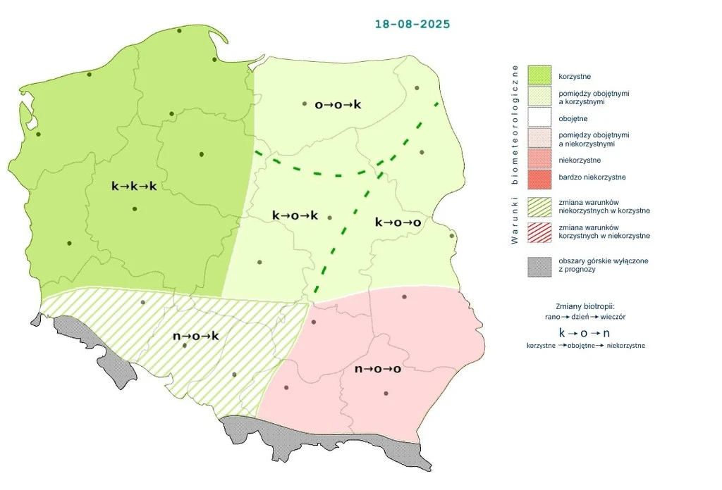 Kolorowa mapa Polski podzielona na strefy biometeorologiczne według korzystności warunków pogodowych na dany dzień, z legendą opisującą użyte kolory i oznaczenia, a także przewidywanymi zmianami pogody dla różnych regionów kraju.