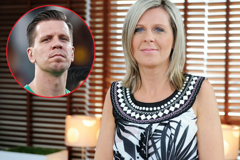 Wojciech Szczęsny, Alicja Szczęsna Kobieta o jasnych włosach stoi na tle żaluzji i lampy, ubrana w bluzkę z czarno-białym wzorem; w lewym górnym rogu okrągłe wstawienie z wizerunkiem mężczyzny o poważnym wyrazie twarzy.