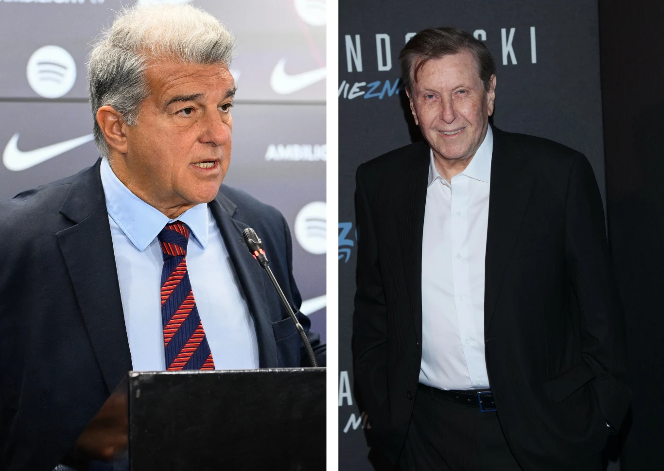 Dwóch mężczyzn w garniturach, jeden przemawia do mikrofonu stojąc przy mównicy, drugi pozuje w ciemnym otoczeniu w eleganckim stroju, w tle widoczne są napisy na czarnym tle.