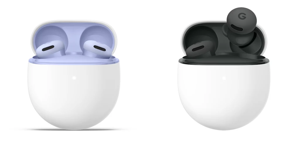 Słuchawki bezprzewodowe Google Pixel Buds 2a dostępne będą w dwóch kolorach. Dwie pary bezprzewodowych słuchawek dousznych w etui ładujących, jedna para biała z fioletowym wnętrzem, druga czarna z czarnym wnętrzem, widoczne logo producenta na czarnej słuchawce.