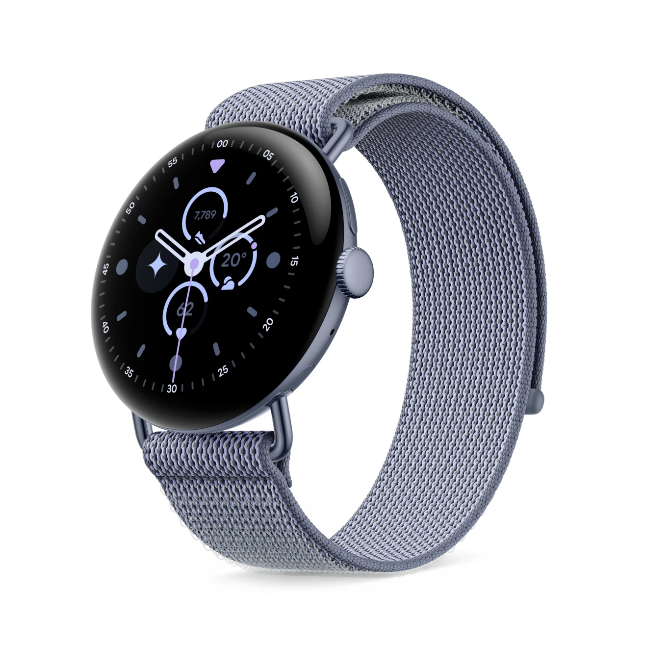 Smartwatch Google Pixel Watch 4 w opcji Moonstone. Nowoczesny smartwatch z okrągłym wyświetlaczem dotykowym, gładką kopertą oraz jasno szarą, tekstylną opaską, prezentujący cyfrową tarczę zegara z wieloma wskaźnikami.
