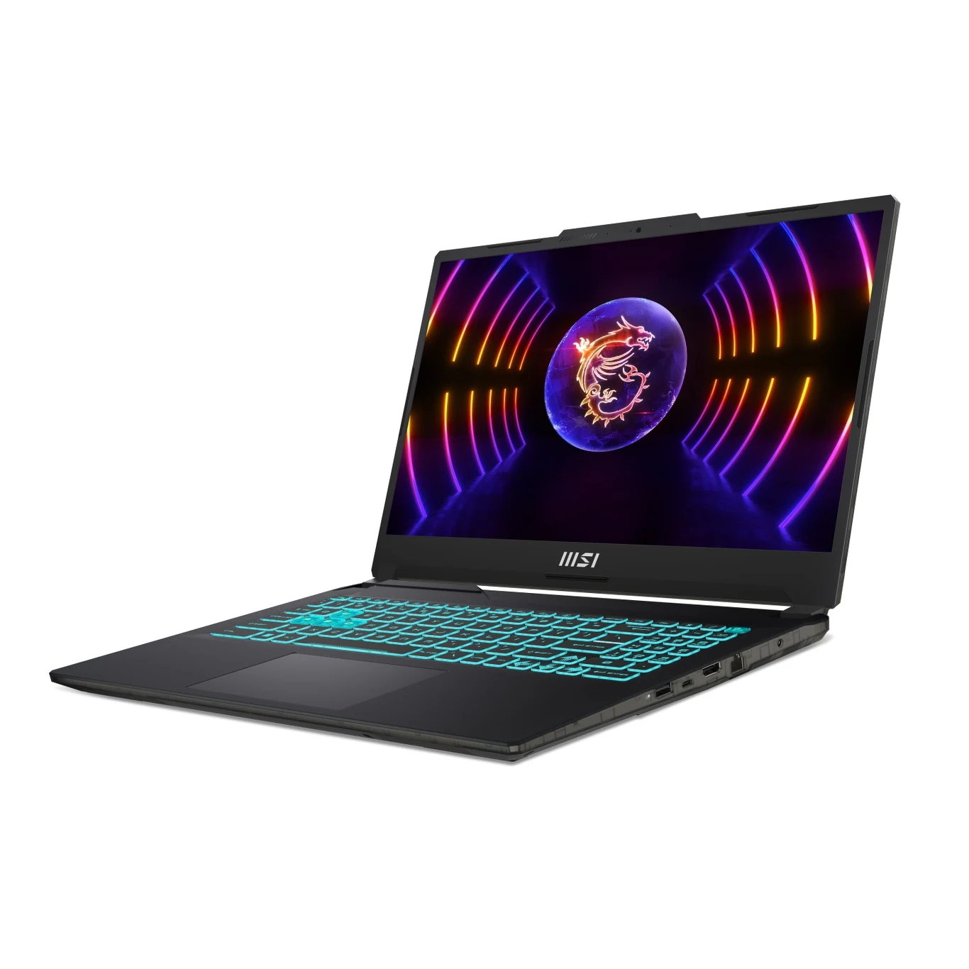 Nowoczesny laptop MSI z podświetlaną klawiaturą RGB, ekran wyświetlający kolorową grafikę z motywem smoka oraz symetrycznymi, neonowymi liniami świetlnymi.