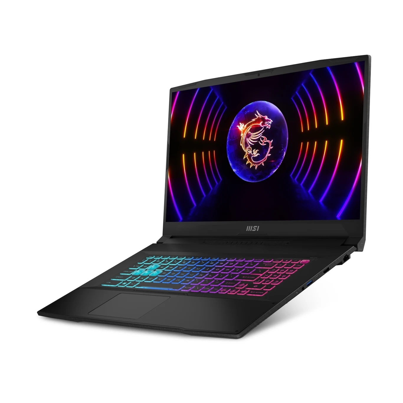 Czarny laptop MSI z podświetlaną klawiaturą RGB, na ekranie widoczna grafika z kolorowym smokiem na tle neonowych świateł.