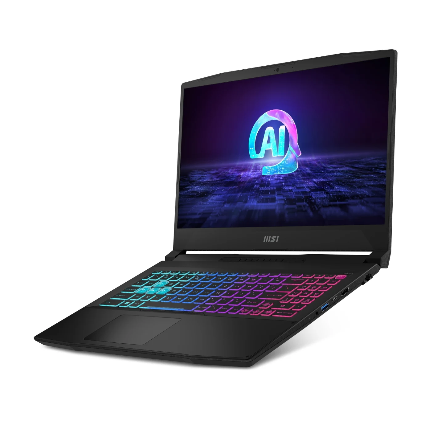 Czarny laptop MSI z podświetlaną na różne kolory klawiaturą, na ekranie widoczny kolorowy symbol AI na tle futurystycznej grafiki.