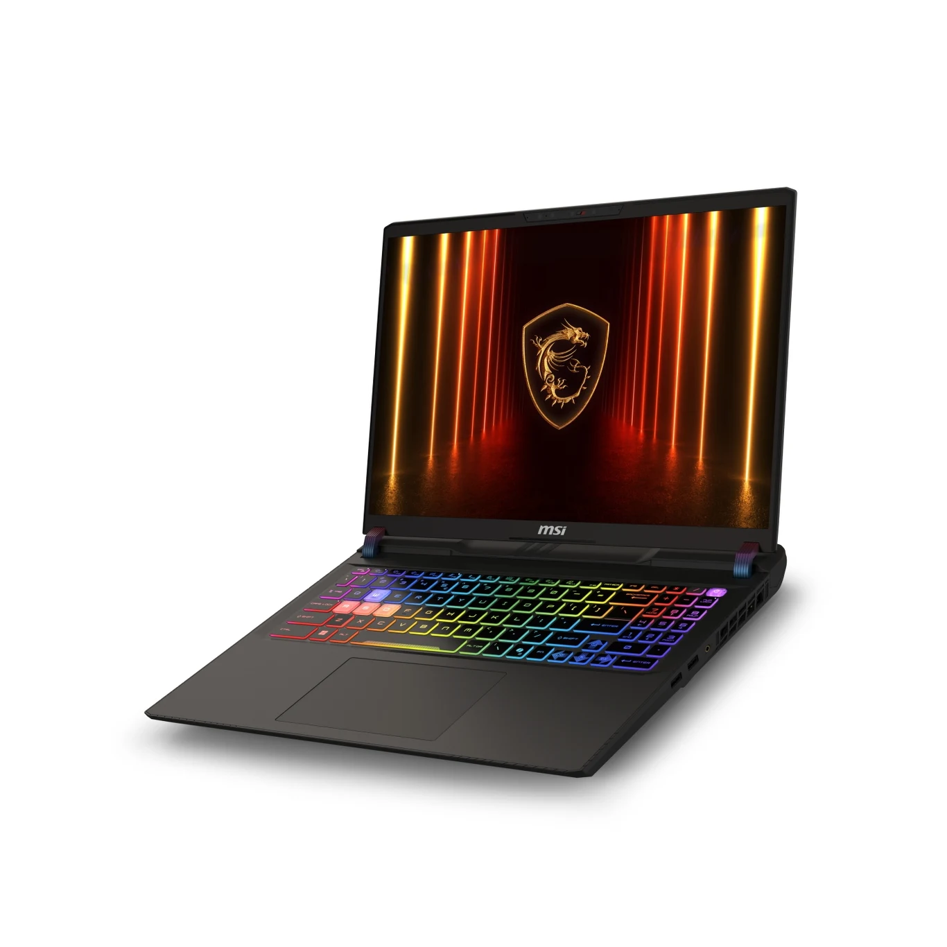 Nowoczesny laptop MSI z podświetlaną klawiaturą RGB oraz wyświetlaczem prezentującym logo marki i efektowną grafikę w ciepłych barwach.