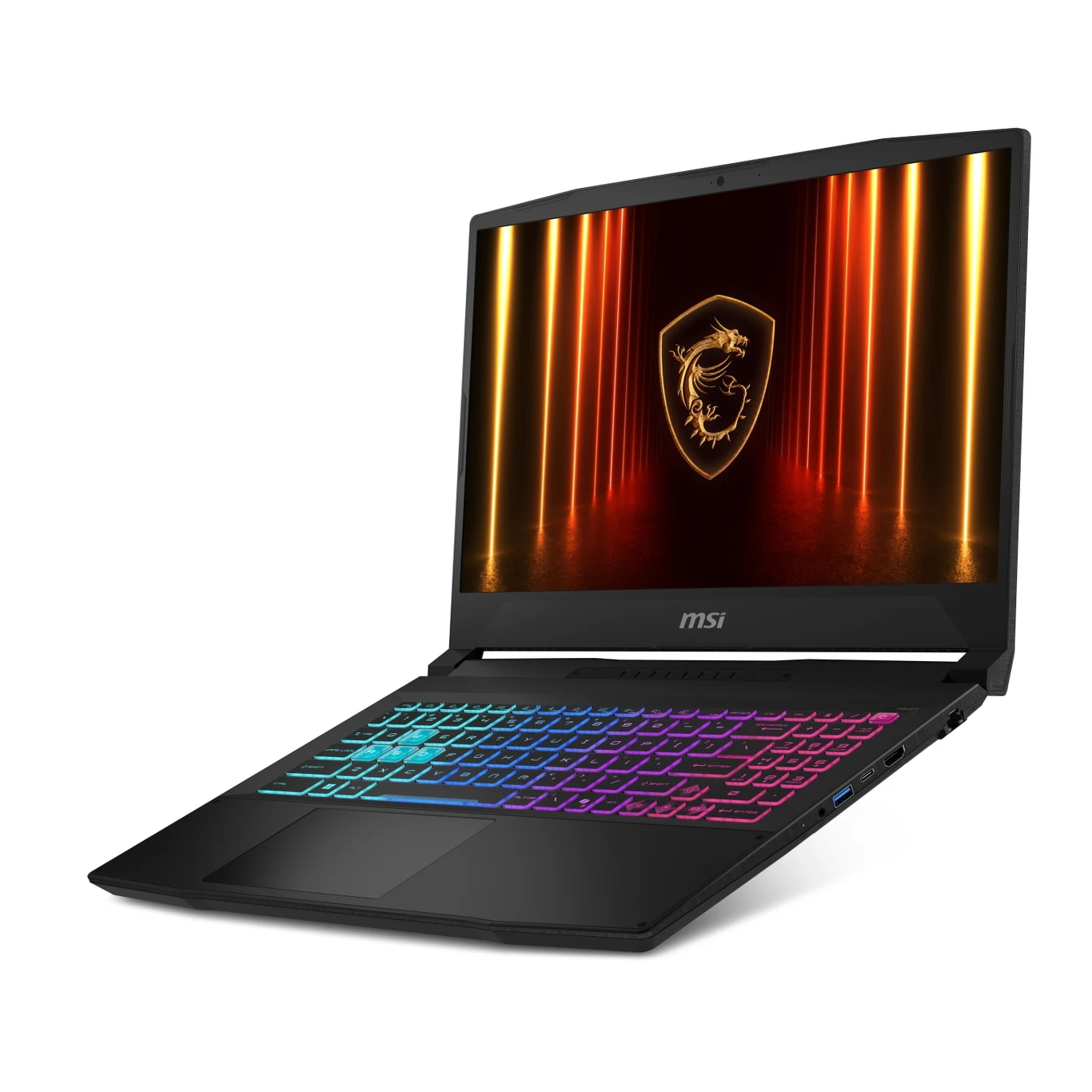 Czarny laptop MSI z podświetlaną na różne kolory klawiaturą, na ekranie widoczne logo smoka z efektami świetlnymi w tle.