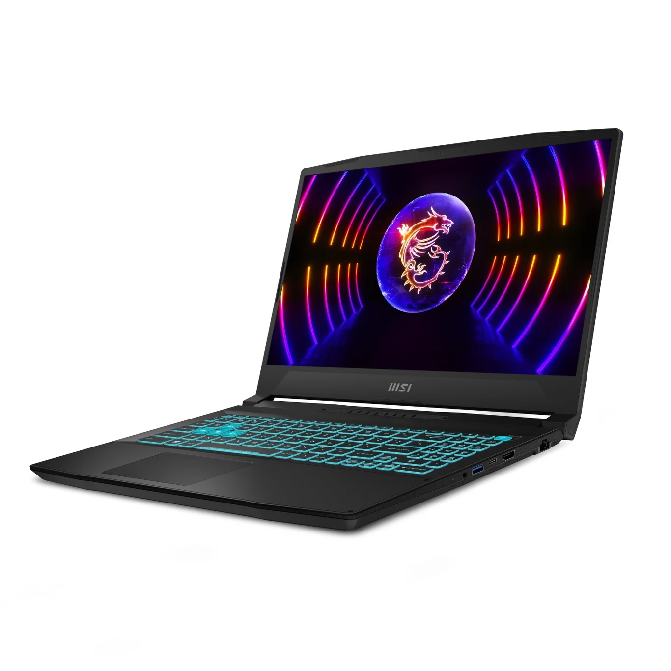 Nowoczesny laptop gamingowy z podświetlaną klawiaturą, smukłą obudową i kolorowym ekranem, na którym widoczny jest dynamiczny motyw graficzny z logo smoka MSI.