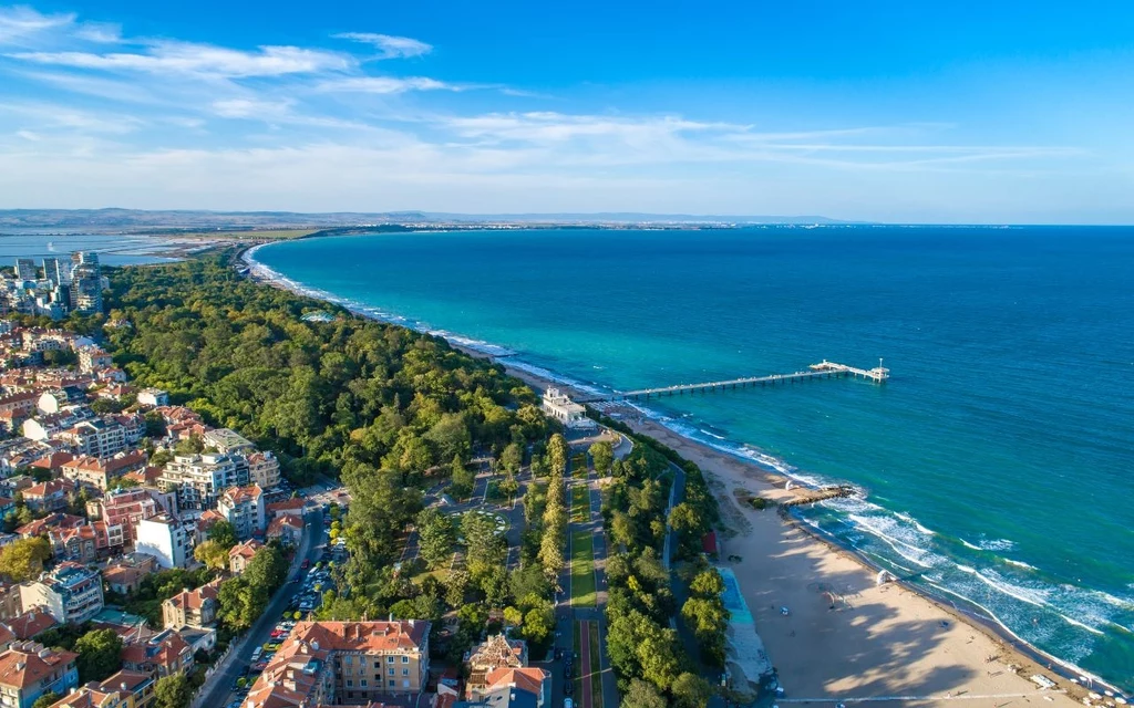 Panorama nadmorskiego miasta z szeroką plażą, długim molo wchodzącym w morze, otoczona licznymi drzewami oraz zabudowaniami mieszkalnymi, na horyzoncie rozciąga się lazurowa tafla wody.
