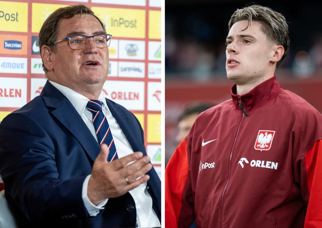 Z lewej strony mężczyzna w garniturze podczas konferencji prasowej, w tle tablica z logotypami sponsorów, z prawej młody mężczyzna w sportowej kurtce z godłem Polski i logo sponsorów, patrzący w bok.