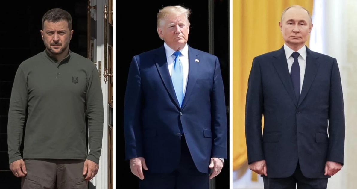 Przywódcy Ukrainy, Rosji i USA. Zdjęcie ilustracyjne Trzy rozpoznawalne osoby publiczne stojące osobno, każda na tle innym pod względem kolorystyki i aranżacji, ubrane elegancko, z poważnym wyrazem twarzy.