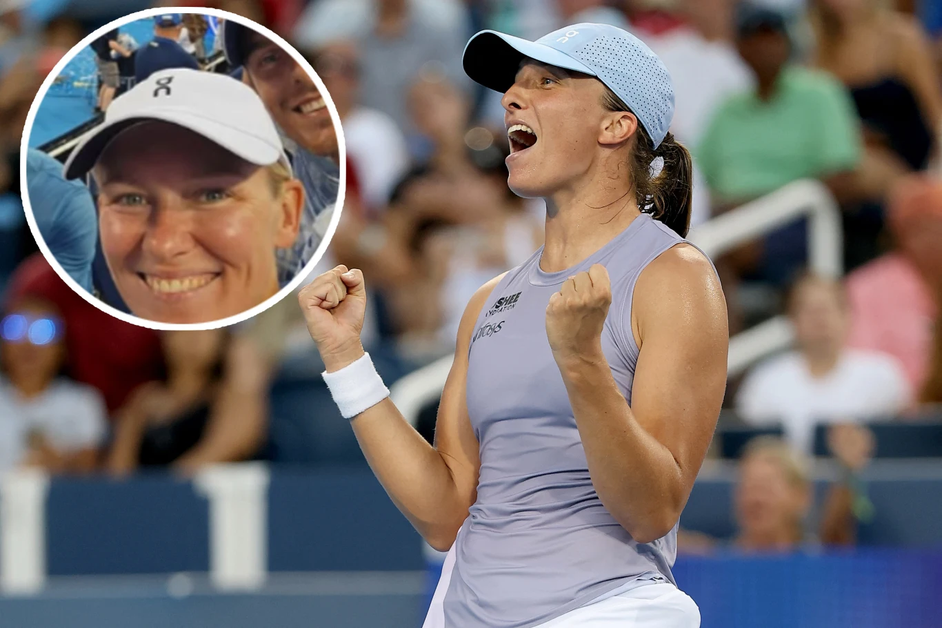 Iga Świątek triumfowała w turnieju w Cincinnati, Daria Abramowicz zareagowała Tenisistka w sportowym stroju świętuje zwycięstwo na korcie tenisowym, zaciśnięte pięści i wyraz radości na twarzy, w tle widownia; w okrągłej wstawce u góry zbliżenie twarzy uśmiechniętej osoby w białej czapce.