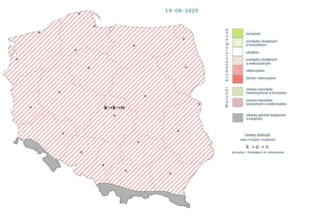 Mapa Polski z wyróżnionymi strefami warunków biometrycznych na dzień 19.08.2025, większość obszaru Polski oznaczona jako bardzo niekorzystne warunki, legenda z wyjaśnieniem oznaczeń kolorystycznych oraz symboli.