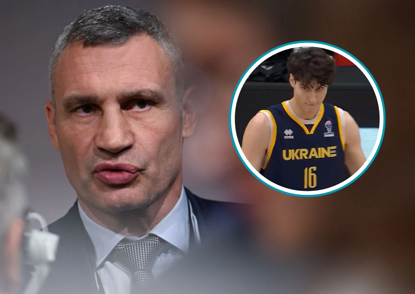 Syn Witalija Kliczki, 20-letni Maksym Kliczko nie poszedł w ślady ojca, ale został koszykarzem. Wspomina rzeczywistość związaną z wybuchem wojny w Ukrainie Mężczyzna w garniturze na pierwszym planie, w tle rozmazane sylwetki osób, w prawym górnym rogu okrągłe wstawienie z koszykarzem w stroju reprezentacji Ukrainy.