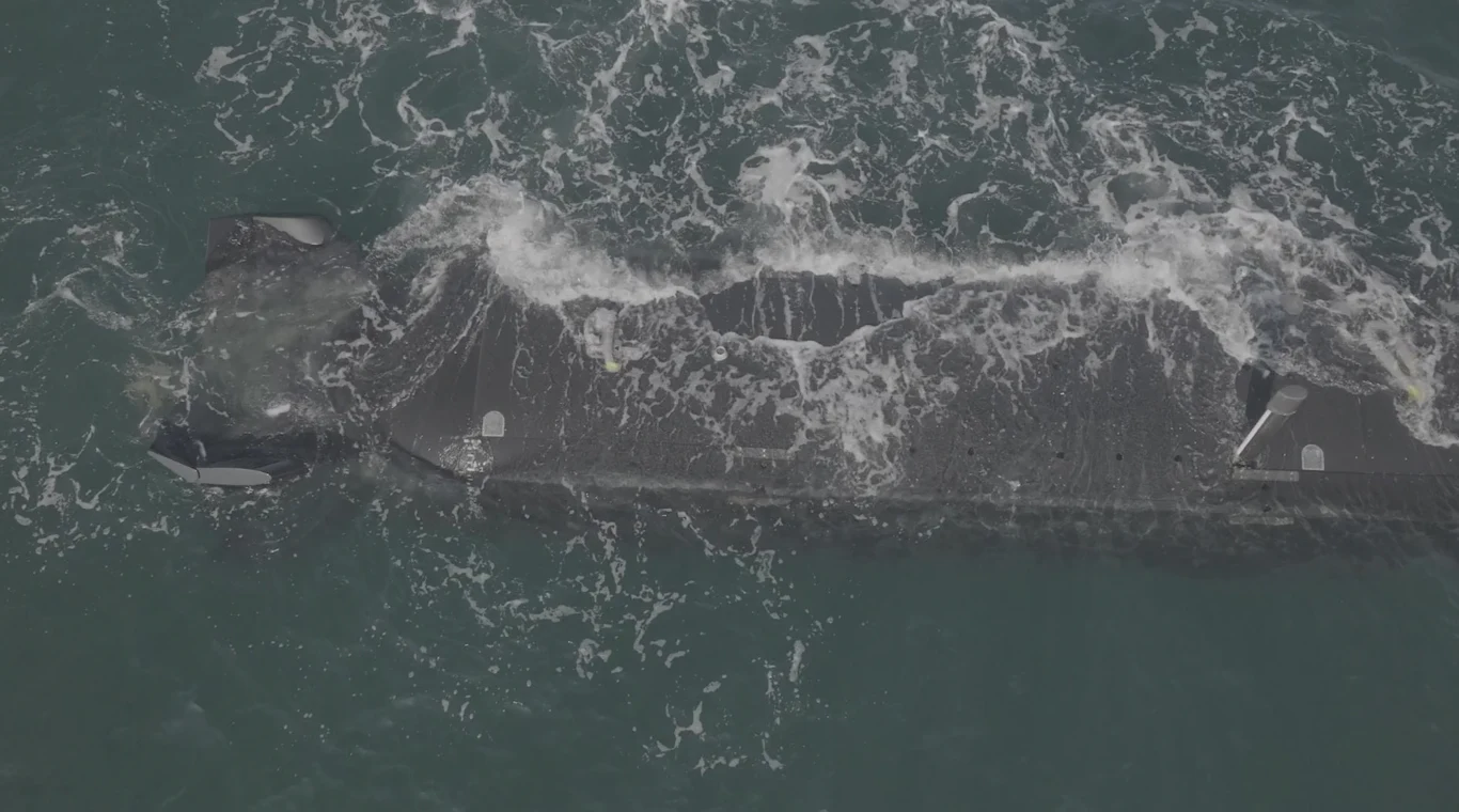 Okręt podwodny wynurzający się na powierzchnię morza, widoczny z lotu ptaka, otoczony przez wzburzoną wodę.