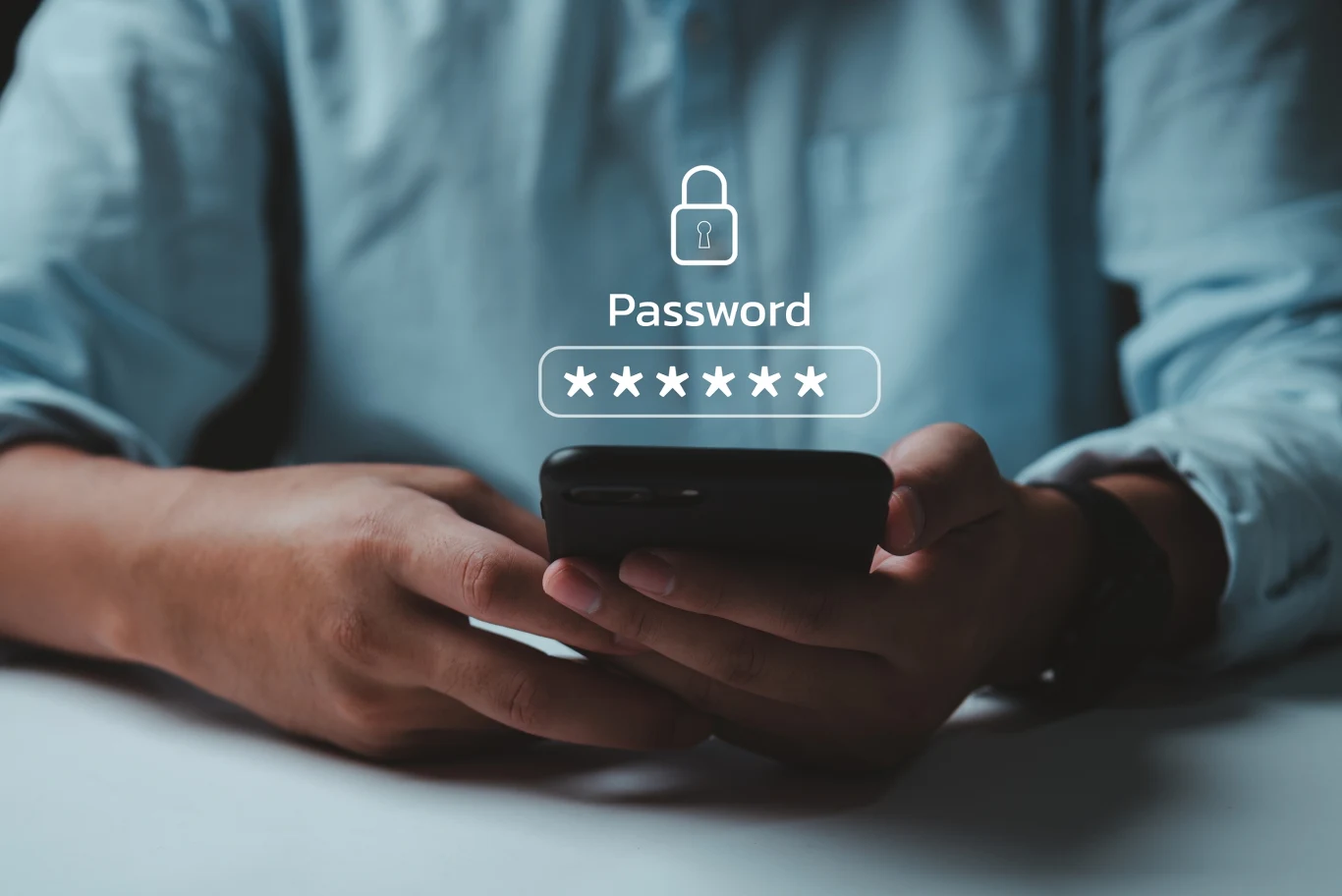 Hasło do Wi-Fi sprawdzisz w telefonie. Osoba trzymająca smartfon, na ekranie wizualizacja hasła zabezpieczonego ikoną kłódki oraz napisem Password i zamaskowanymi znakami.
