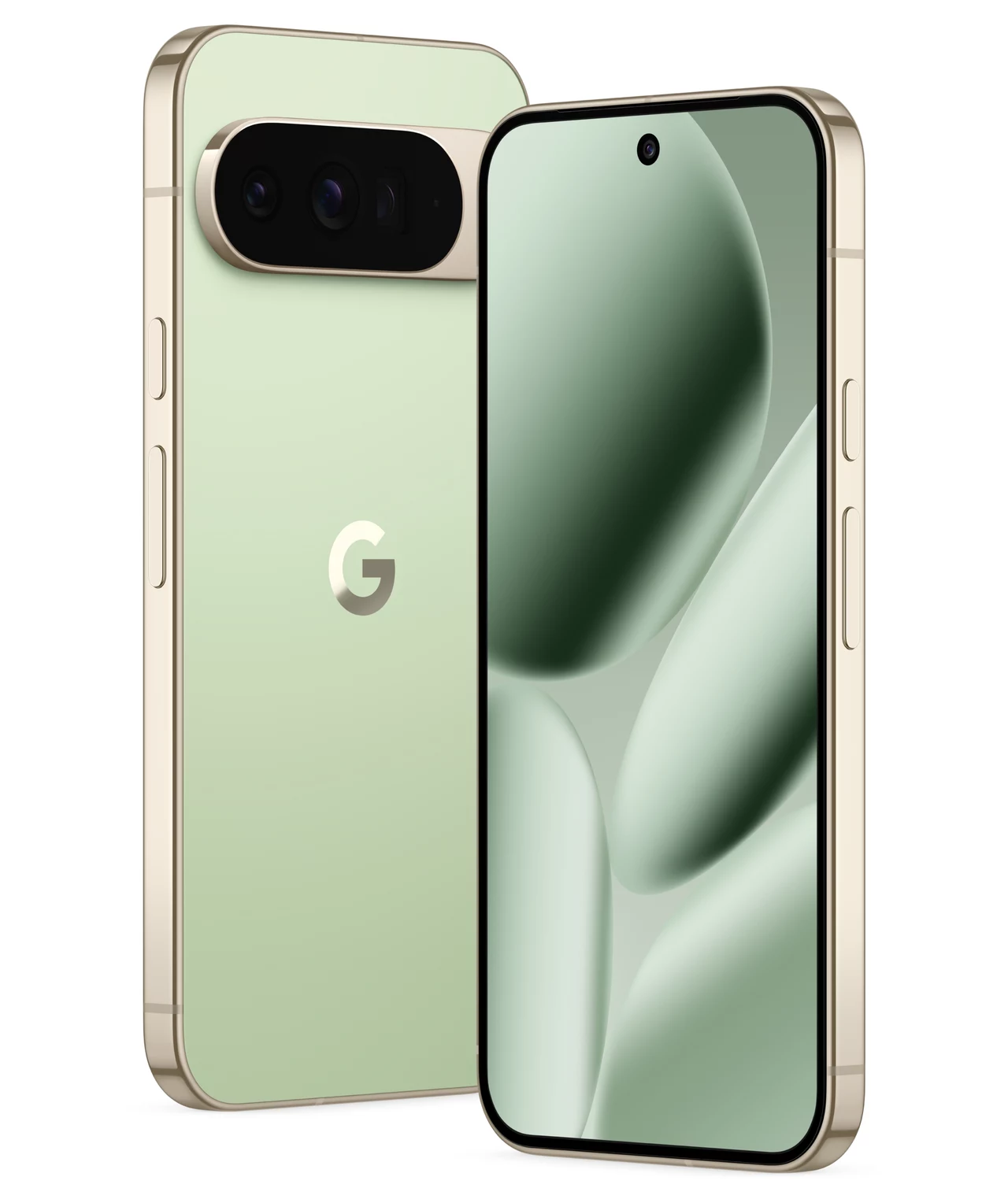 Smartfon Google Pixel 10 Pro. Zielony smartfon Google Pixel 8 z wyświetlaczem typu punch-hole oraz charakterystycznym paskiem z trzema aparatami na tylnej obudowie, aluminiowa ramka i minimalistyczny design.