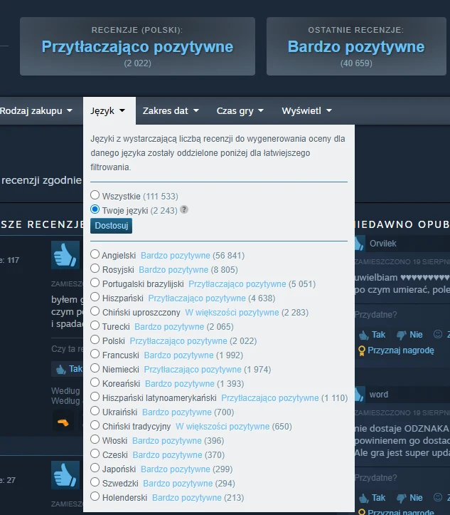 Fragment interfejsu serwisu z recenzjami gier, z rozwiniętym menu wyboru języka recenzji oraz widocznymi statystykami ocen w różnych językach. Wyróżnione sekcje pokazują sumy recenzji bardzo pozytywnych i przytłaczająco pozytywnych.