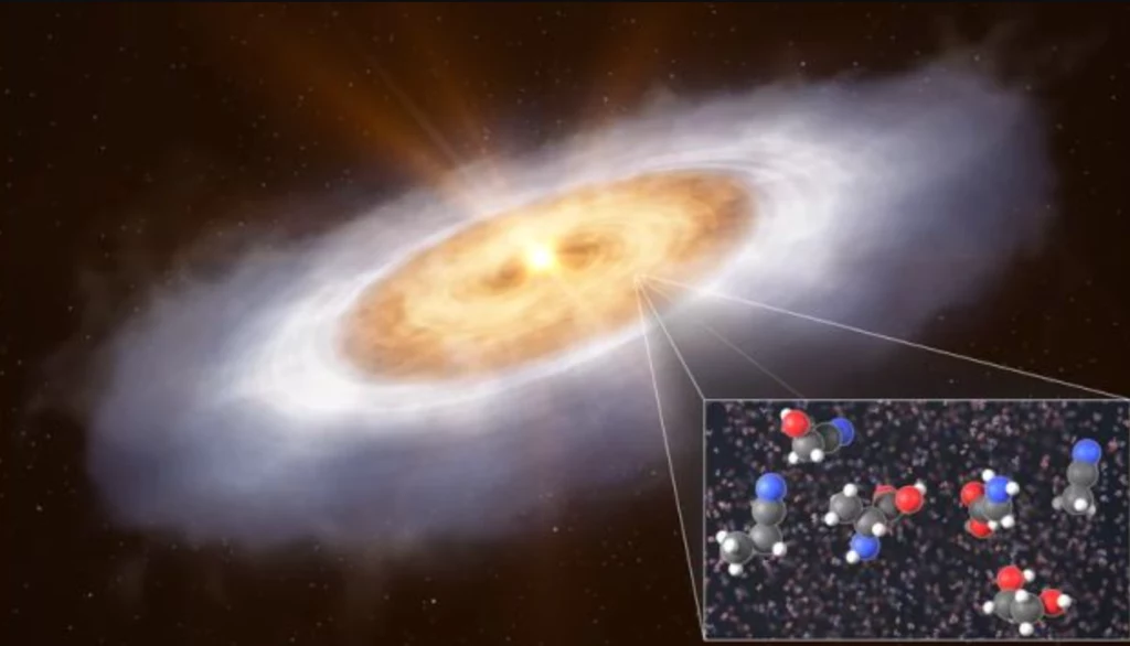 Artystyczna wizualizacja molekuł prebiotycznych w dysku protoplanetarnym wokół młodej gwiazdy V883 Orionis. Artystyczna wizualizacja molekuł prebiotycznych w dysku protoplanetarnym wokół młodej gwiazdy V883 Orionis.